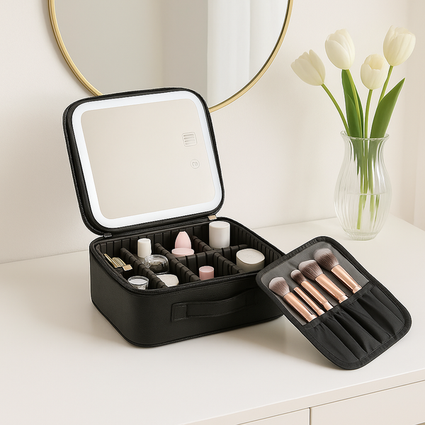 Maleta de Maquiagem em Couro Com Espelho Led