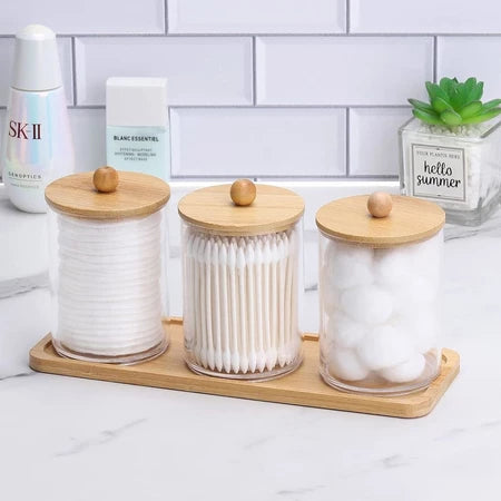 Porta Algodão com Tampa de Bambu  DareBelleza